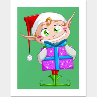 Christmas Elf Holding A Present Posters and Art